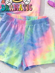 2 件套年轻女孩休闲扎染笑脸和棋盘格印花短袖 T 恤 + 短裤套装，夏季 - 彩色 - 查看 4