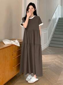 DAZY 女士休闲圆领宽松中长连衣裙，春夏连衣裙 - 咖啡棕 - 查看 3