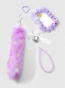 ROMWE Kawaii 1 件韩国时尚百搭优雅手工紫色毛绒绒球动物尾巴、仿水晶猫眼珠、白色网状蝴蝶结、CCB 水钻心形星花钥匙扣和卡夹配件，适合女士和女孩日常佩戴、礼物 - 紫色 - 查看 8