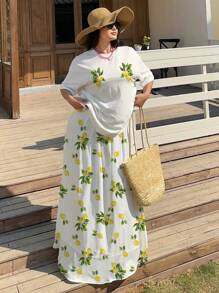 SHEIN MOOSTA Plus Size Women 2pcs Lemon Print Short Sleeve Round Neck T-Shirt And Skirt Set - White - View 4
