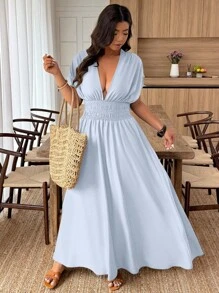 Weeklong Robe Couleur Unie à Col V et Manches Courtes, grande taille, Minimaliste et , Adaptée pour l'Été