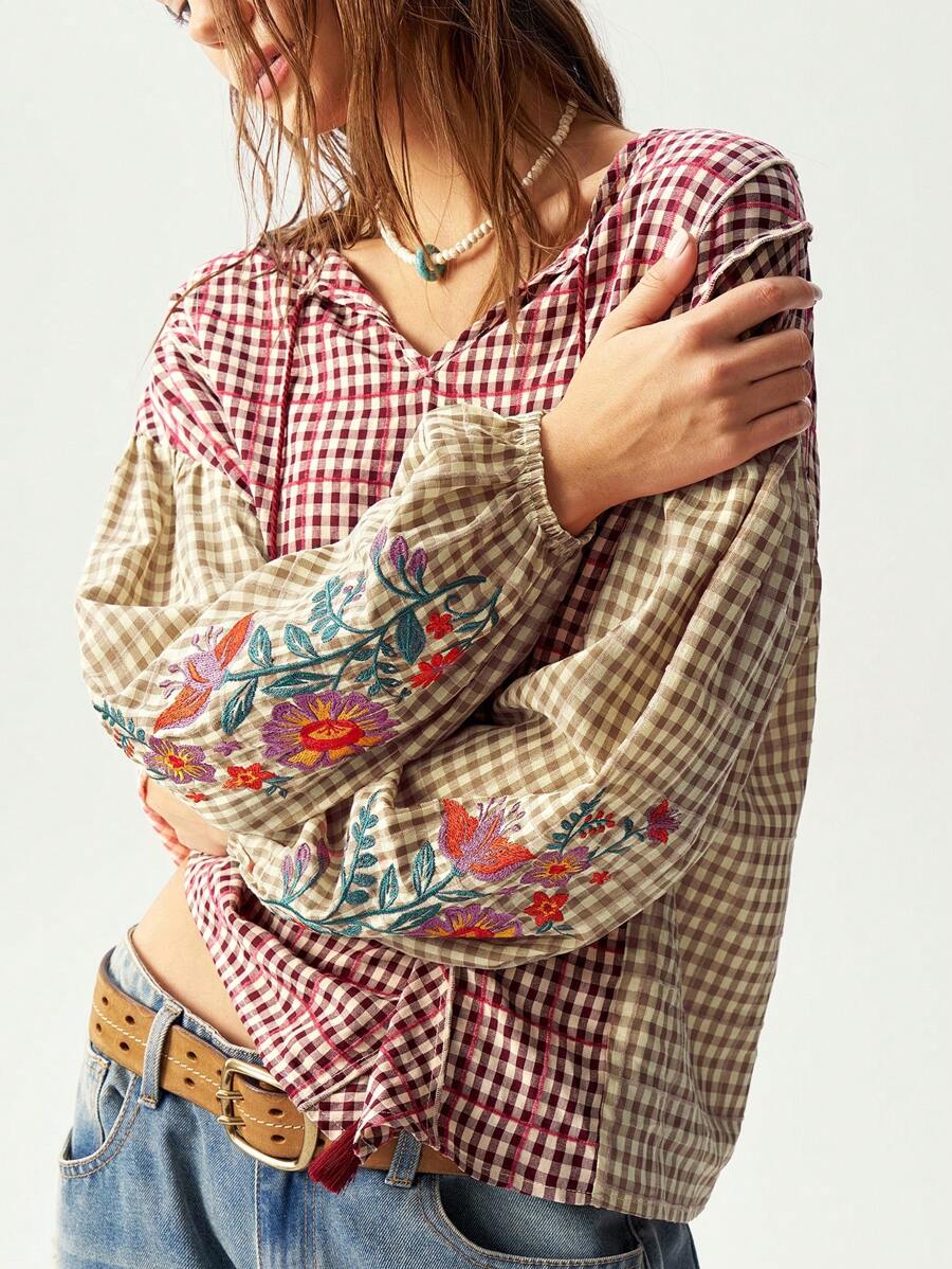 Bohemela 休闲格子 V 领拼接长袖宽松女式衬衫 - 彩色 - 查看 1