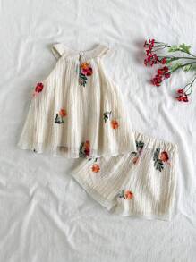 Vintaside Kids Young Girl Summer Set, Floral Embroidery Sleeveless Top And Matching Shorts, Countryside Style, Suitable For Outdoor Activities, Daily Wear, Parties And Gatherings - Apricot - View 2