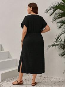 EMERY ROSE 大码纯色简约圆领短袖休闲日常连衣裙，女士夏季服装/夏季，热带度假女装 - 黑色 - 查看 2