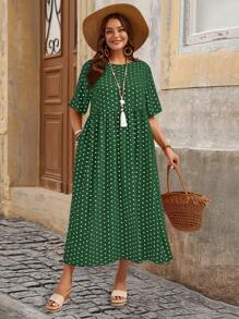 EMERY ROSE Plus Size Tie Front Short Sleeve Round Neck Dress, Minimalist And Fashionable For Summer - Dark Green - View 5
