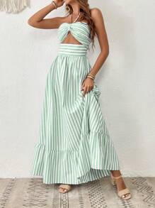 SHEIN VCAY Đầm hở lưng kẻ sọc giản dị cho kỳ nghỉ của phụ nữ - màu xanh lá - Xem 5