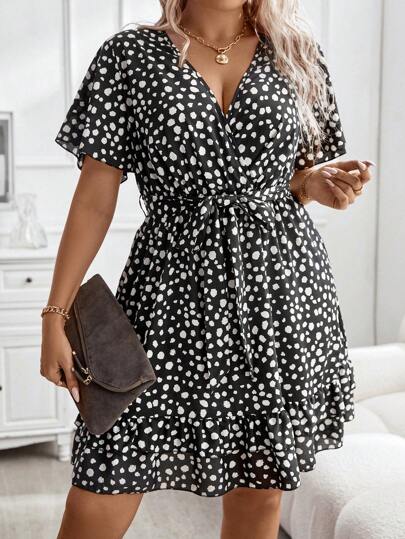 SHEIN Clasi Plus Allover Print Ruffle Hem Belted Dress For New Year Clothes