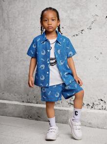 SHEIN 2pcs/Set Young Boy Casual School Short Sleeve Shirt + Printed T-Shirt + Shorts, Suitable For Sports, Outdoors, School, Spring/Summer Seasons - Blue - View 7