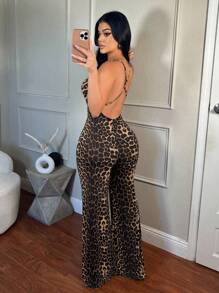 SHEIN SXY Women's Leopard Print Deep V Backless Spaghetti Strap Jumpsuit Cheetah Print Animal Print