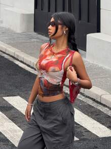 SHEIN EZwear Summer  Rave Outfits  All-Over Print Knitted Sleeveless Casual Tank Top For Women - Multicolor - View 3