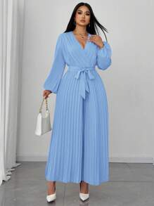 SHEIN Unity Women Plus Size Elegant Crossed V-Neck Belted Bow Fabric Pleated Long Sleeve All-In-One Jumpsuit, Versatile & Fashionable Fall Cloth For Women - Blue - View 4