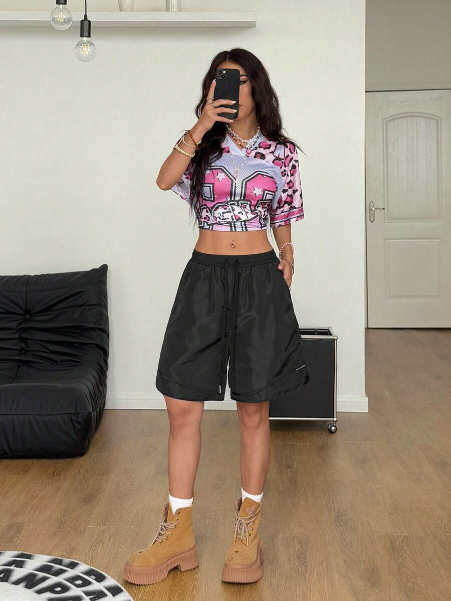 SHEIN EZwear Women's Summer  Streetwear Going Out Minimalist Breathable Mesh Basic Black Shorts - Black - View 1