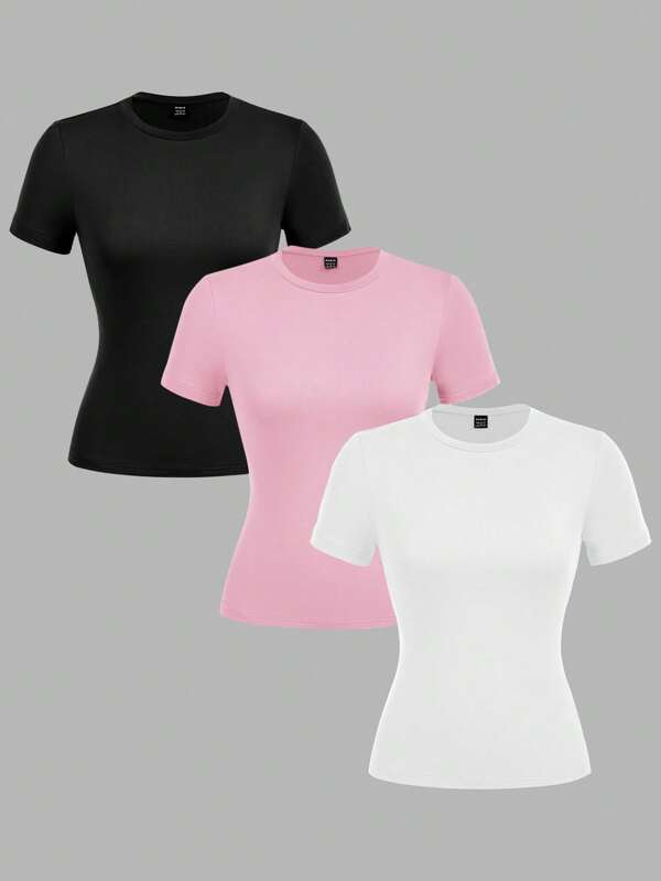 SHEIN EZwear Set de 3 bucăți pentru femei, negru, alb, roz, cu decolteu rotund, ocazional, subțire, lung, de tricou, potrivit pentru vară
