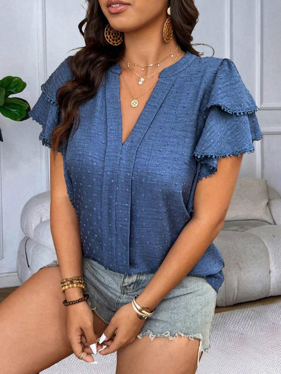 SHEIN LUNE Áo sơ mi công sở/thường ngày cỡ lớn cổ đứng cổ chữ V tay bèo thêu - Màu xanh lam - Xem 1