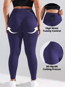 Easithlete Plus Size Women's Ribbed High Waist Drawstring Pants, Butt Lifting Base Layer Leggings - Navy Blue - View 2