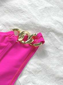 SHEIN Teen Girl Fuchsia Metallic Decor Fashion Tankini Swimwear Set For Summer Vacation - Hot Pink - View 5
