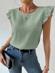 Chiquease Plain Round Neck Ruffle Hem Casual Summer Blouse, Versatile - Green - View 3
