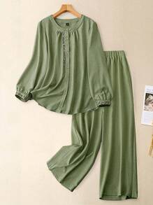 Linhara 秋季大码女式梭织常规休闲两件套 - 軍綠色 - 查看 3