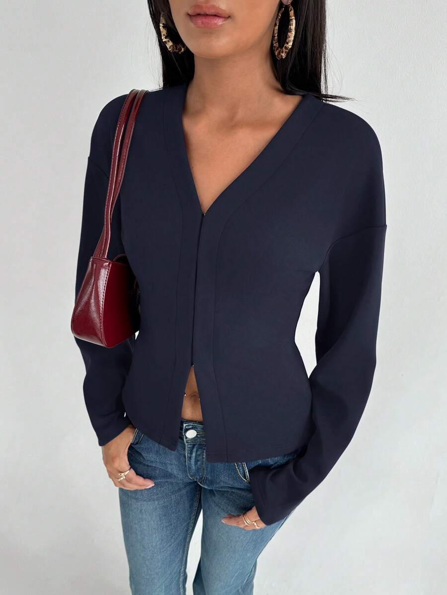 Aloruh Áo len dệt kim dài tay cổ chữ V thời trang retro màu đỏ tía cho nữ - Màu xanh hải quân - Xem 1