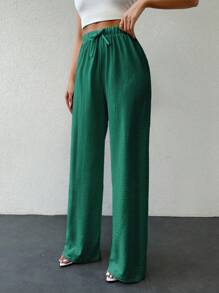 SHEIN Tall 高腰純色休閒褲，棉線打結款式，女裝 - 綠色 - 查看 4