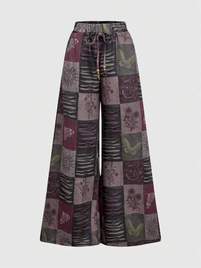 Fairycore Hippie Star & Moon Plant Collage Print Loose Wide Leg Pants For Women