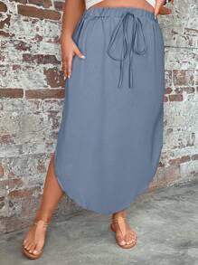 SHEIN LUNE Plus Size Solid Color Simple Fashion Skirt, Suitable For Summer - Dusty Blue - View 6