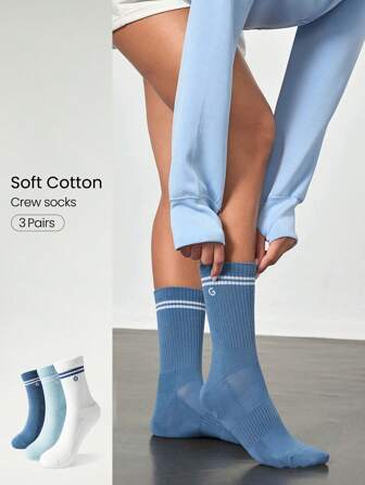 GLOWMODE 3 双棉质复古条纹袜子柔软透气网眼带提花标志健身日常休闲