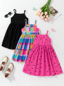 SHEIN 3pcs/Set Girls Ditsy Floral Strappy Dress With Patch Closure, Countryside Style - Multicolor - View 2