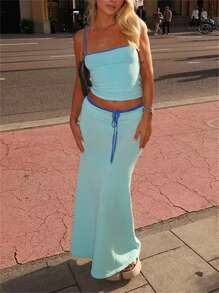 INAWLY 2pcs/Set Women Solid Color Camisole Crop Top & Skirt