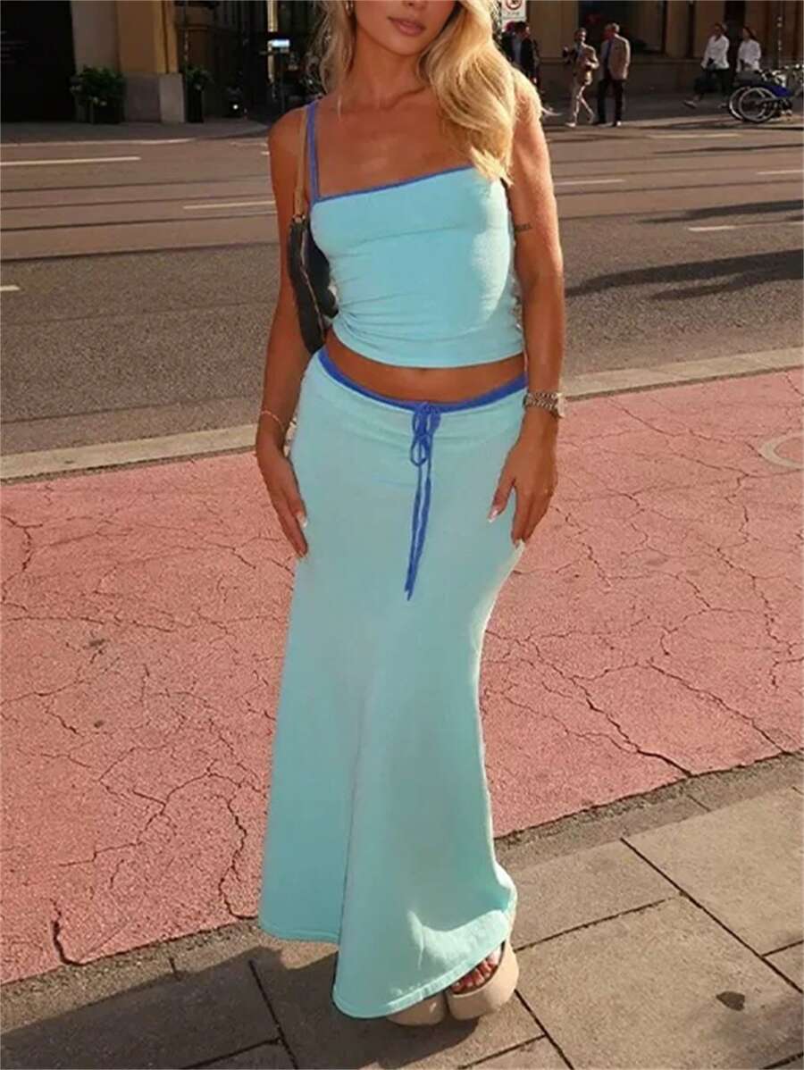 INAWLY 2pcs/Set Women Solid Color Camisole Crop Top & Skirt