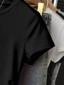 Koszulka dla dziewcząt w stylu casual, prosta, w jednolitym kolorze, z krótkim rękawem i dopasowaną talią - Czarne - Zobacz 4