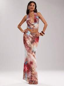 SHEIN BAE Women's Brown Striped Boho Summer Vacation Holiday Animal Print Draped Neck Backless Top And Skirt Set For Beach Music Festival Party Outfits - Multicolor - View 1