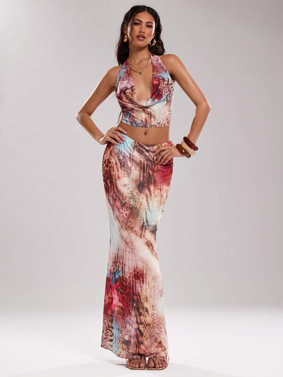 SHEIN BAE Women's Brown Striped Boho Summer Vacation Holiday Animal Print Draped Neck Backless Top And Skirt Set For Beach Music Festival Party Outfits - Multicolor - View 1