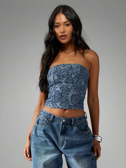 Oversized Diamond Quilted Short Sleeve Denim Top｜MISSGUIDED