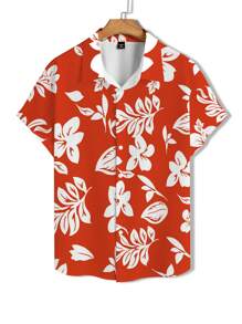 Manfinity RSRT Plus Size Men's Vacation Plant Printed Short Sleeve Single-Breasted Shirt