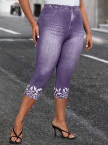 EMERY ROSE Plus Denim-Effect & Floral Print Summer Leggings - Dusty Purple - View 4