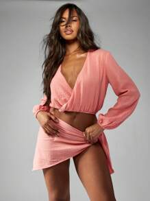 MISSGUIDED 轻薄粗棉布裹身短款上衣夏季海滩罩衫长袖短款衬衫度假装度假上衣节日时尚波西米亚风格 - 粉色 - 查看 4