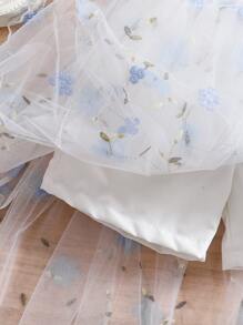 SHEIN Glamorique Kids 2 件套年轻女孩春秋时尚可爱休闲度假风格无袖上衣和花卉网眼短裙 - 藍色 - 查看 4