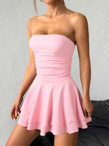 SHEIN Unity Leopard Print Sexy Bandeau Short Dress With Layered Ruffle Skirt - Pink - View 5