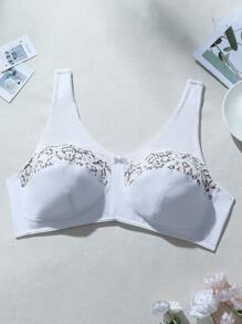 1pc Sexy Solid Color Elegant Comfortable Soft Lace Patchwork, Bow Decor, Soft Sponge Padded Adjustable Strap Wireless Plus Size Women Bra - White - View 4