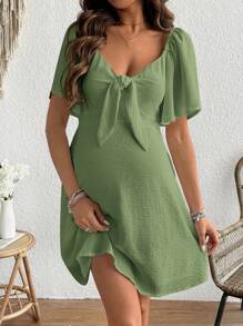 SHEIN Maternity Flowy A-Line Knee-Length Dress With Ruffled Half-Open Neckline Short Sleeve