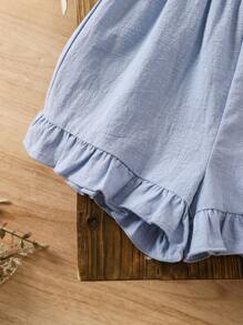 LMoss Kids LMoss  Young Girl Plain Fabric Pleated 3D Floral Camisole Romper  Suitable For Spring And Summer - Baby Blue - View 5