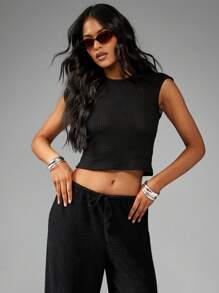 MISSGUIDED Waffle Knit Two-Piece Loungewear Set Wide Leg Pants Crop Top Matching Co-Ord Comfortable Ribbed Texture Casual Summer Spring Fall Outfit - Black - View 4