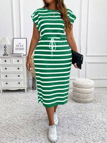 Calvaya Đầm midi thường ngày kẻ sọc cổ tròn tay lỡ cỡ lớn, xẻ dây rút, trang phục thu đông cho nữ, váy maxi - màu xanh lá - Xem 1