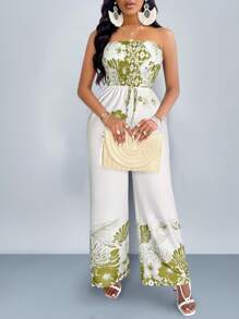 SOLERSUN Gathered Wide Leg Jumpsuit With Drawstring And Floral Leaf Print - White - View 7