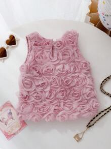 SHEIN Parte superior sin mangas estilo francés para niñas con nueva estampado de rosas en 3D