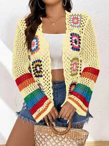 Flirla Cárdigan de punto con crochet y estampado floral para mujer de talla grande