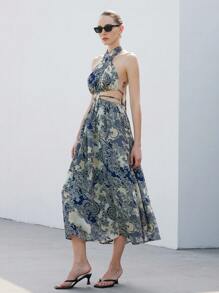 SHEIN Privé Chiffon Cashew Floral Print Cross Halter Hollow Out Maxi Summer Dress - Multicolor - View 6