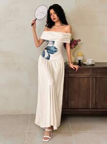 EastFlair 女士优雅花卉印花露肩连衣裙