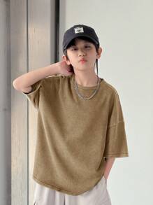 SHEIN 男童休闲水洗色宽松圆领短袖针织T恤，适合上学、花园、海滩、生日、春、夏、秋、冬等场合穿着。 - 杏色 - 查看 6